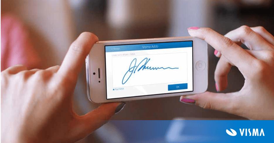 Image of two hands holding an iPhone, with a digital signature across the screen